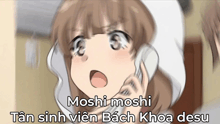 a cartoon of a girl talking on a phone with moshi moshi written on the bottom right