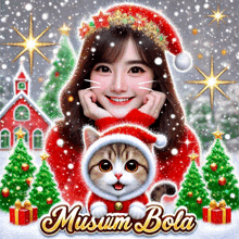 a girl in a santa hat is surrounded by christmas trees and the words musum bola on the bottom