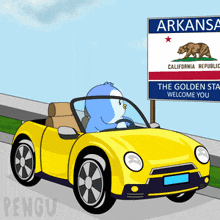 a cartoon of a penguin driving a yellow car in front of an arkansas welcome sign