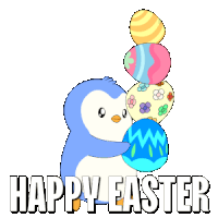 a penguin holding a bunch of easter eggs with the words happy easter below