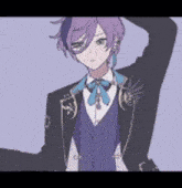 a boy with purple hair is wearing a black suit and a blue bow tie .