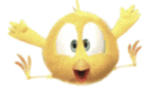 a yellow cartoon chicken with blue eyes is flying through the air with its arms outstretched .