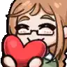a pixel art of a girl with glasses holding a red heart in her mouth .