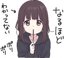 a girl in a black hoodie is holding a candy stick in her mouth .