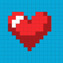 a pixel art red heart on a blue background .