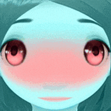 a close up of a person 's face with red eyes and a pink cheek .