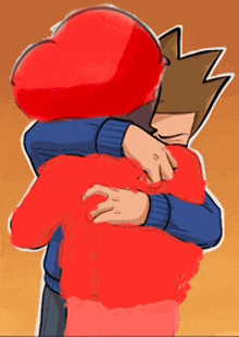 a cartoon of two people hugging each other with a red heart on their head .