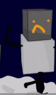 a cartoon character with a sad face is standing on top of a block .