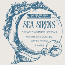 a poster for sea sirens diving and swimming lessons
