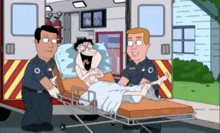 a cartoon of a man in an ambulance with two paramedics
