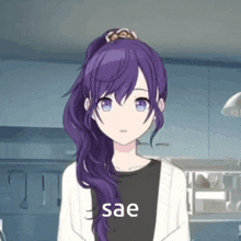 a girl with purple hair and blue eyes is standing in a kitchen with the word sae on the bottom of her face .