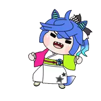 a cartoon drawing of a girl with blue hair and a kimono