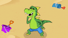 a cartoon of a dinosaur standing on a beach