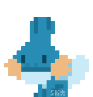 a pixel art of a blue fish with a red nose
