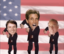 three men in suits are dancing in front of a flag