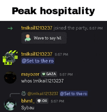 a screenshot of a discord conversation with the words peak hospitality at the top