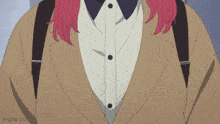 a person with red hair is wearing a brown jacket and a white shirt