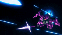 a purple robot is flying through space with a blue light behind it