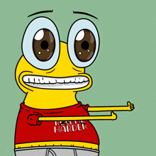 a cartoon character with two eyes and a red shirt that says " pug me harder "