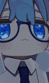 a close up of a person with blue eyes wearing glasses