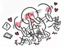a black and white drawing of a group of people with hearts on them .