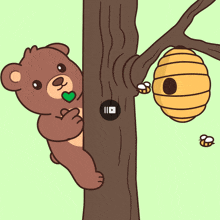 a teddy bear is peeking out from behind a tree with a beehive in the background