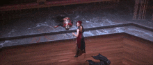 a painting of a woman with red hair and a mask on her face