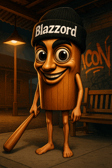 a cartoon character wearing a beanie that says blazzord