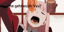a girl with a stump on her head and the words " wie geht es dir vvu " on the bottom