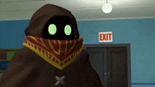 a cartoon character is standing in front of a sign that says exit