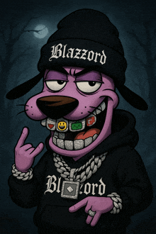 a cartoon dog wearing a black beanie and a black hoodie that says blazzard