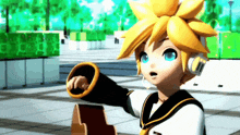 a cartoon character with yellow hair and blue eyes holding a guitar