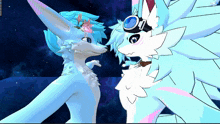 a drawing of two furry animals looking at each other with one wearing goggles