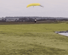 a person is flying a parachute over a grassy field