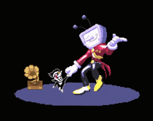 a pixel art drawing of a man and a cat dancing next to a gramophone .