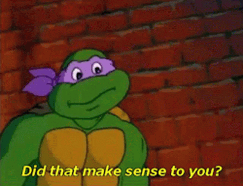 Gif of the 20th century cartoon version of teenage mutant ninja turtle Donatello asking "did that make sense to you?"