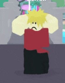 a roblox character with a sad face on his face is standing in a room .
