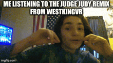 a girl is listening to a judge judy remix