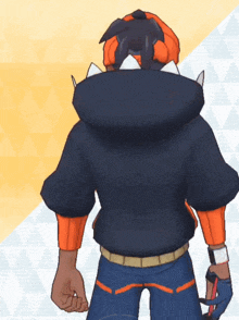 a cartoon character is wearing a black hoodie and orange shorts