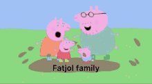 a cartoon of peppa pig and her family standing in a muddy field