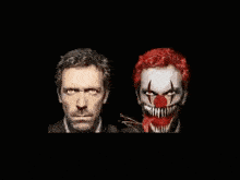 a man and a clown are standing next to each other . the clown has a red nose and teeth .