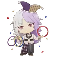a cartoon character with purple hair and a purple hat is holding rings