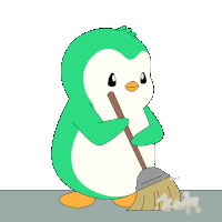 a green and white penguin is holding a broom in its beak