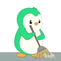 a green and white penguin is holding a broom in its beak