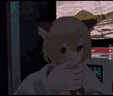 a girl with cat ears covering her mouth with her hands