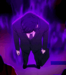 a man in a suit and tie with a briefcase stands in a dark room