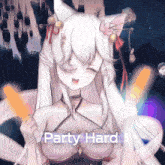 a picture of a girl with white hair and the words party hard below her