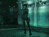 a video game character is standing in a dark room holding a gun
