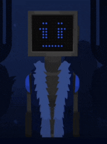 a robot with a computer monitor on his head and a blue fur coat