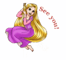 a cartoon drawing of rapunzel sitting on a swing with the words see you written below her